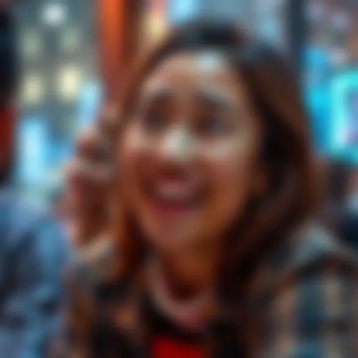 A cheerful person with a surprised expression, reacting joyfully to a light-hearted and unexpected question during a conversation.