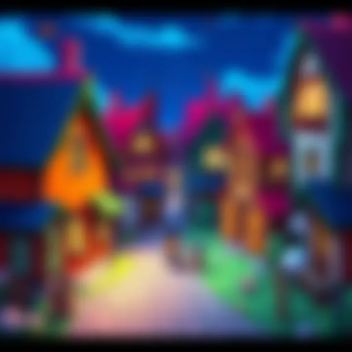 A vibrant village scene in an RPG Maker project, featuring colorful houses and playful characters inspired by EarthBound.