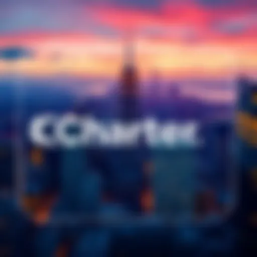 Charter Communications logo with a backdrop of a modern city skyline symbolizing expansion