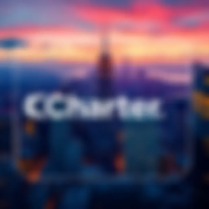 Charter Communications logo with a backdrop of a modern city skyline symbolizing expansion