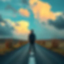 A person standing at a crossroads, looking up at a cloudy sky, symbolizing hopes and uncertainty in 2025.