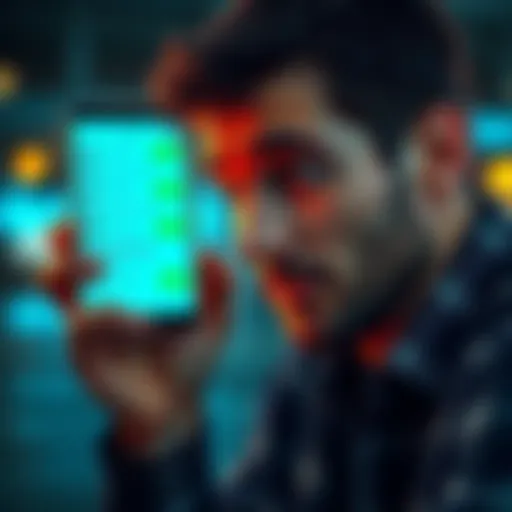 A person looking at a phone with a chat screen that shows unusual messages, appearing thoughtful and slightly surprised.