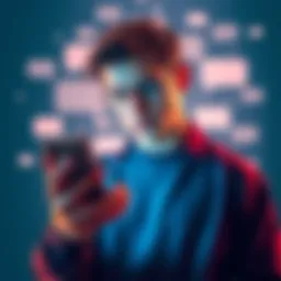 A person contemplating deleting chat history on a smartphone, with chat bubbles in the background