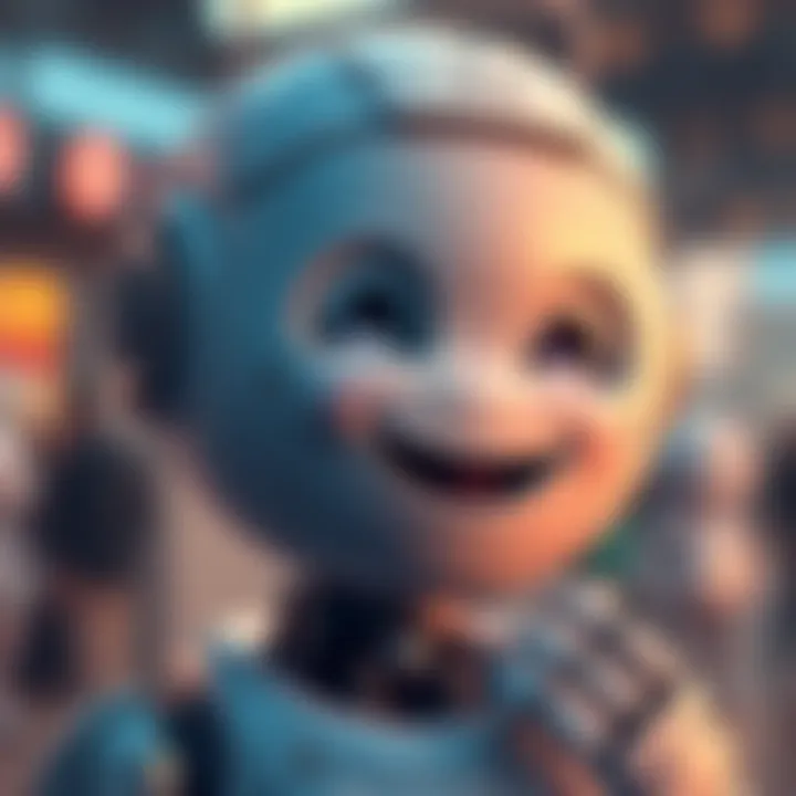 A friendly chatbot character smiling, showing transition from robotic to friendlier demeanor, with soft colors and warm expressions.