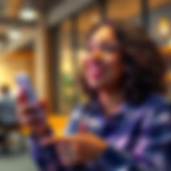 A person happily chatting on their phone using Pipsqueak, showing excitement and satisfaction.