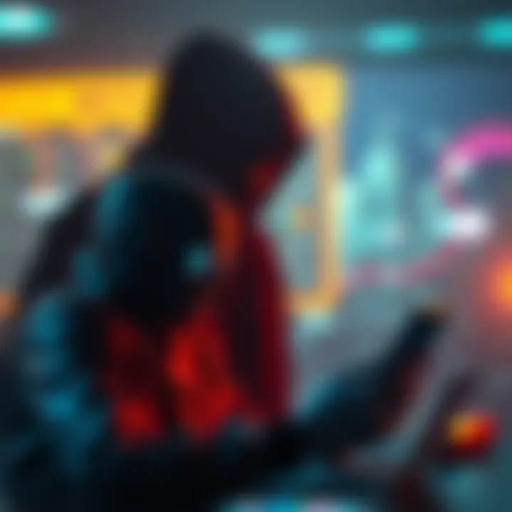 A person chatting with a chatbot; a shadowy figure representing tech companies looming in the background, illustrating surveillance of digital conversations