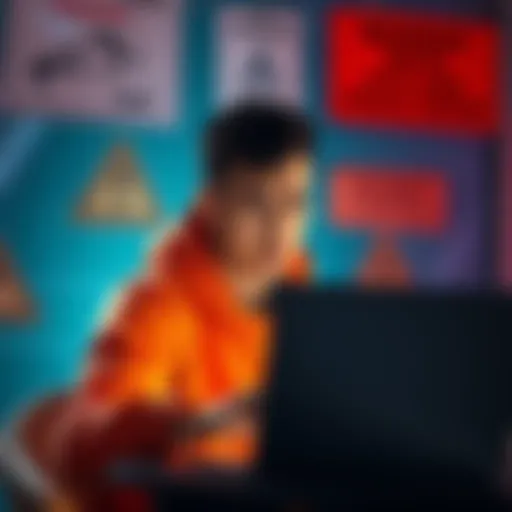 A person looking concerned while using a laptop, with warning signs about data privacy in the background.