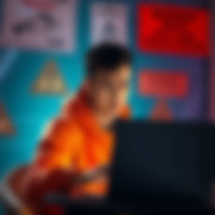 A person looking concerned while using a laptop, with warning signs about data privacy in the background.