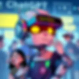 A digital illustration showing a chatbot with quirky expressions while interacting with people, highlighting its unusual responses.