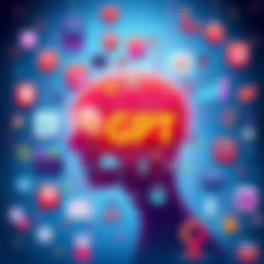 An illustration showing symbols and icons representing AI and technology, with a focus on interaction and user experience.