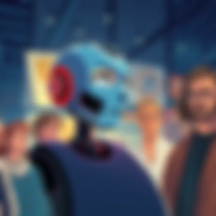 A digital illustration showing a chatbot with a serious expression, discussing art and music preferences, while people appear confused and contemplative.