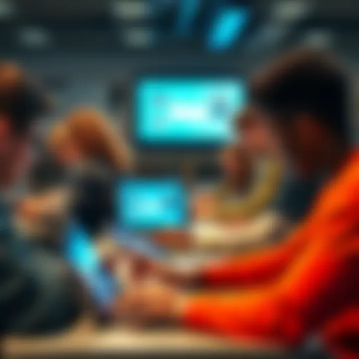 A group of diverse teenagers using laptops and tablets in a classroom setting, with a focus on one screen showing ChatGPT interface. They appear engaged and focused on learning.