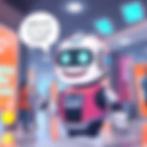 A friendly chatbot illustration with a speech bubble, showing a welcoming demeanor as it interacts with people.