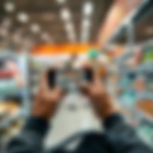 A person using ChatGPT's live camera feature on their smartphone while shopping at a grocery store, looking at products for decision-making.