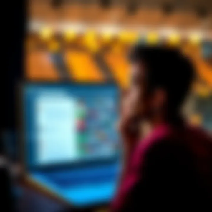 A person thinking with a laptop displaying ChatGPT on the screen, showing a mix of ideas and words, symbolizing the debate on originality versus compilation.