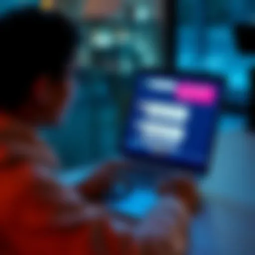 A person using a laptop to chat with an AI program, showing a mix of positive and critical responses on the screen.