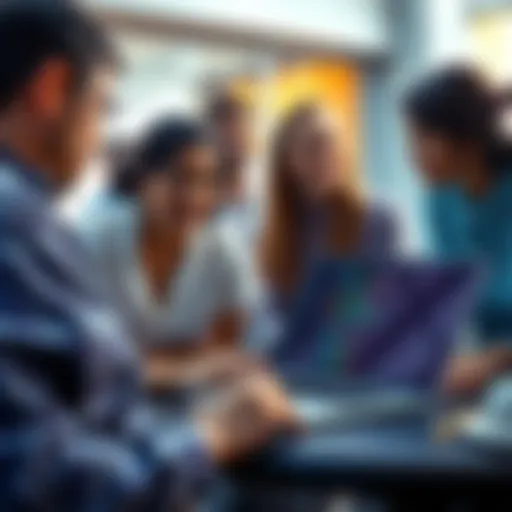 A group of people engaging in a discussion about ChatGPT as a learning tool, with a laptop open showing code and language learning material.