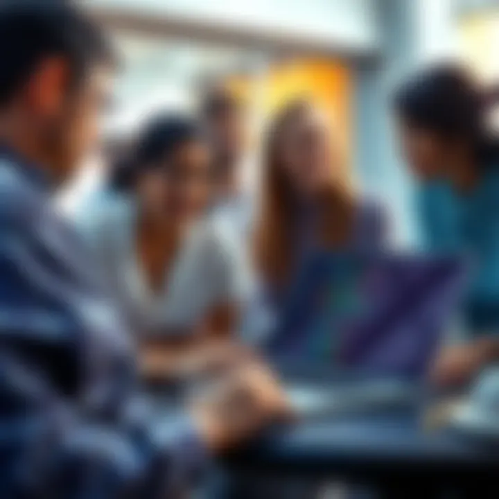 A group of people engaging in a discussion about ChatGPT as a learning tool, with a laptop open showing code and language learning material.