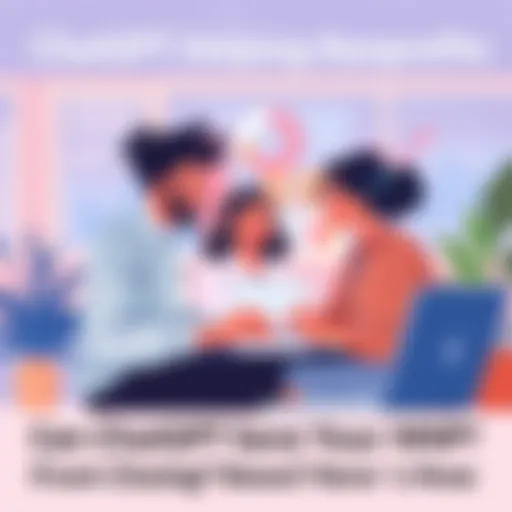 An illustration of a nonprofit team using a laptop, engaging with a digital assistant, and discussing strategies for fundraising, with charts and graphs in the background.