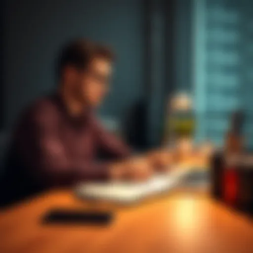 A person sitting at a desk with a laptop, typing prompts for ChatGPT on a notepad, and looking focused and engaged.