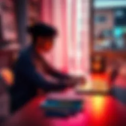 A person brainstorming ChatGPT prompts at a desk with a laptop and notebooks on the table.
