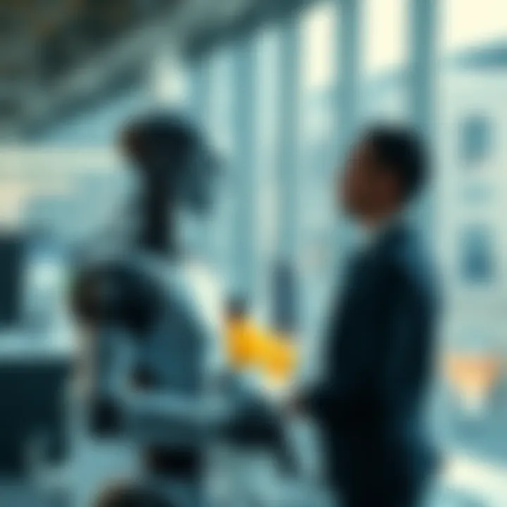 A ChatGPT robot engaging in conversation with a person in an office environment, illustrating the concept of AI as a business partner.