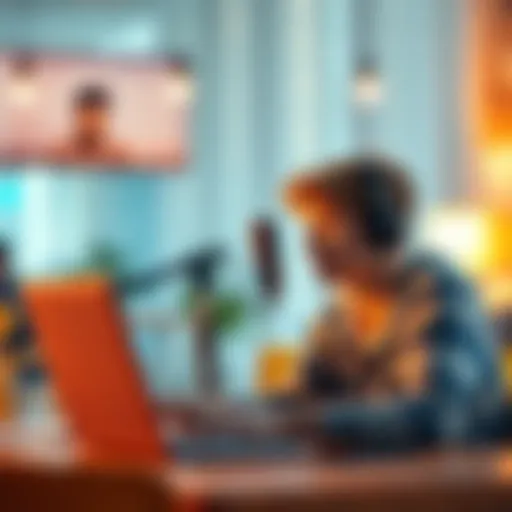 A person talking into a microphone while using ChatGPT's voice feature on a laptop, displaying a casual and engaging conversation, with a bright and friendly atmosphere.