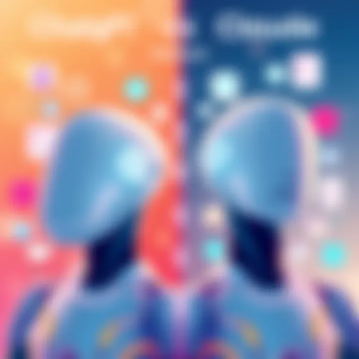 A side-by-side illustration showing ChatGPT and Claude AI assistants, with icons representing memory and business applications, highlighting their features and user satisfaction.