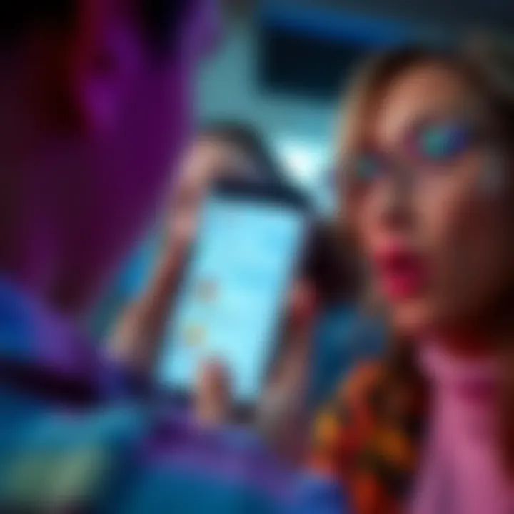 A close-up of a smartphone screen displaying ChatGPT with playful, colorful graphics reflecting youthfulness while a parent observes with surprise.