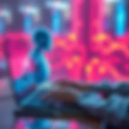 A person typing on a laptop, happily sharing thoughts with an AI on the screen, resembling a friendly conversation.