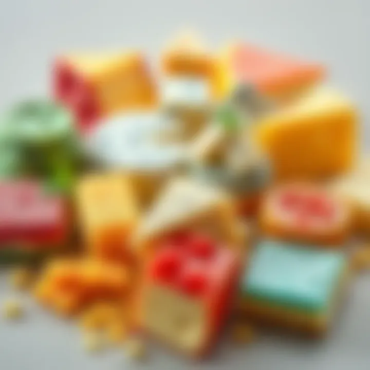 Cheese Alternatives and Sponges A colorful spread featuring various cheese alternatives alongside kitchen sponges, highlighting their differences in appeal and texture.