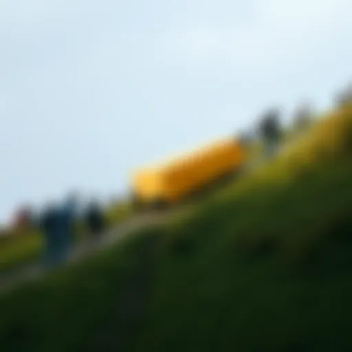 A visual representation of a new design concept for the Cooper's Hill Cheese Rolling race, featuring a unique cheese-shaped object on a steep hill with people watching.
