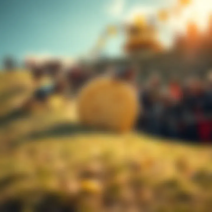 Participants diving down a hill chasing a cheese wheel, with spectators cheering on the side