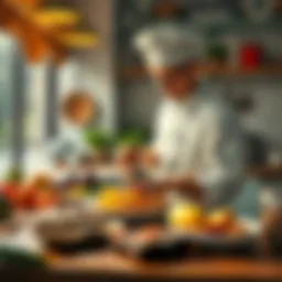 Chef Roleplay in Action A person in a chef's outfit cooking at a kitchen counter, surrounded by fresh ingredients like vegetables and flour, showcasing homemade tortillas and brownies