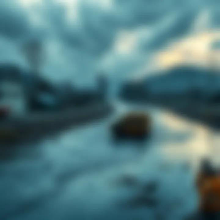 A contaminated river flowing through a town showing pollution signs, with people concerned nearby.