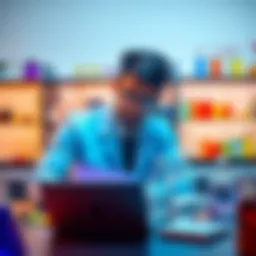 A graduate student studying chemistry with notes and a laptop, using persona prompts for guidance.