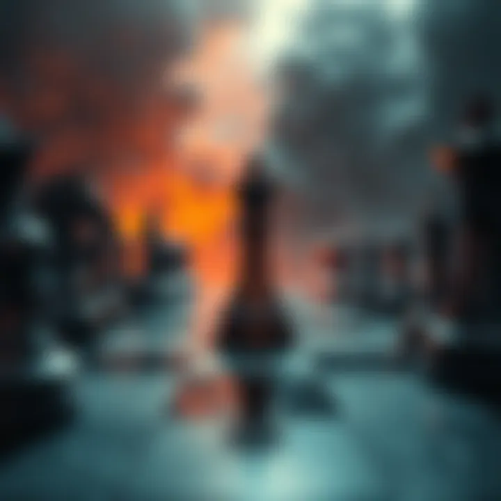 A battlefield where chess pieces come to life in a dark fantasy style, showcasing knights, pawns, and bishops with intense backgrounds.