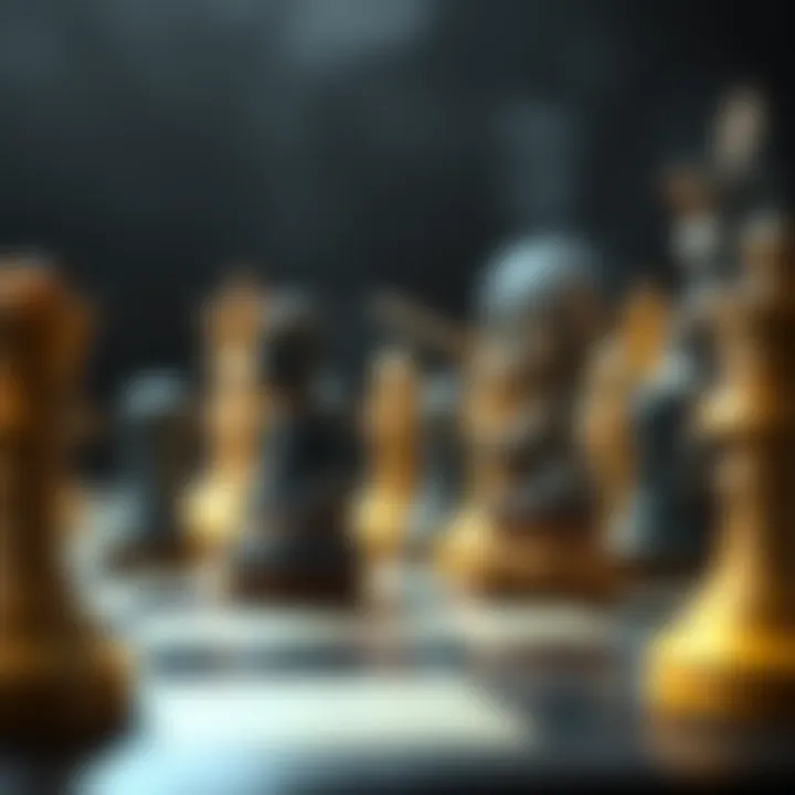 A scene showing chess pieces as warriors in combat stance, blending strategy with action elements in a dark fantasy setting.