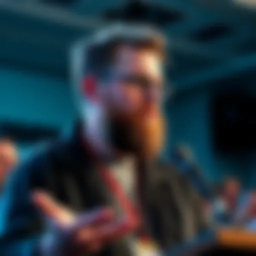 Chet Faliszek giving a speech criticizing Tim Sweeney for layoffs at Epic Games during a gaming event