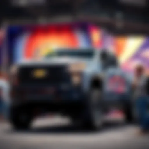 A Chevy all-American electric truck showcased at an outdoor event, surrounded by spectators looking at it with interest.