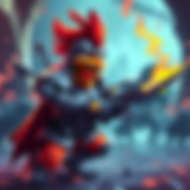 Chicken Knight in Action A cartoon chicken knight in armor fights against crow knights with guns in a medieval setting.