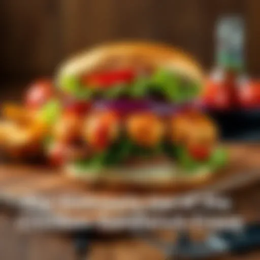 A close-up of a delicious chicken sandwich piled high with lettuce, tomatoes, and sauce, placed on a rustic wooden table.