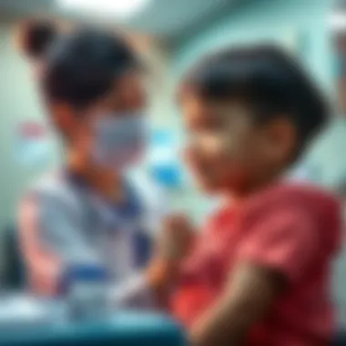 A young child getting vaccinated against the flu in a doctor's office, smiling with a nurse beside them.