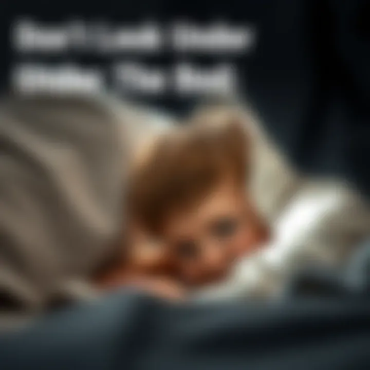 A young child cautiously peering under a bed, showing a mix of curiosity and fear, with shadows casting ominous shapes.