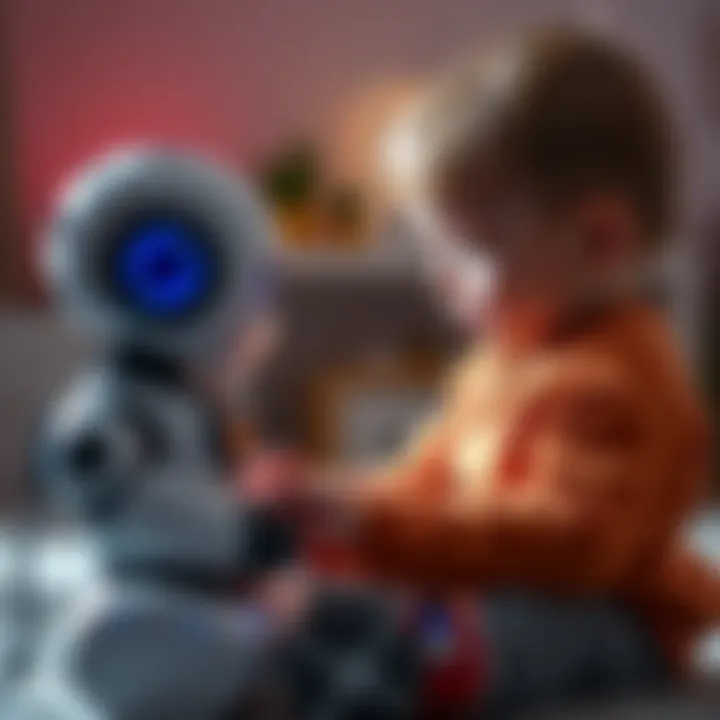 A young child interacting with a toy robot that has AI technology, symbolizing the proposed ban on AI chatbots in kids' toys in California.