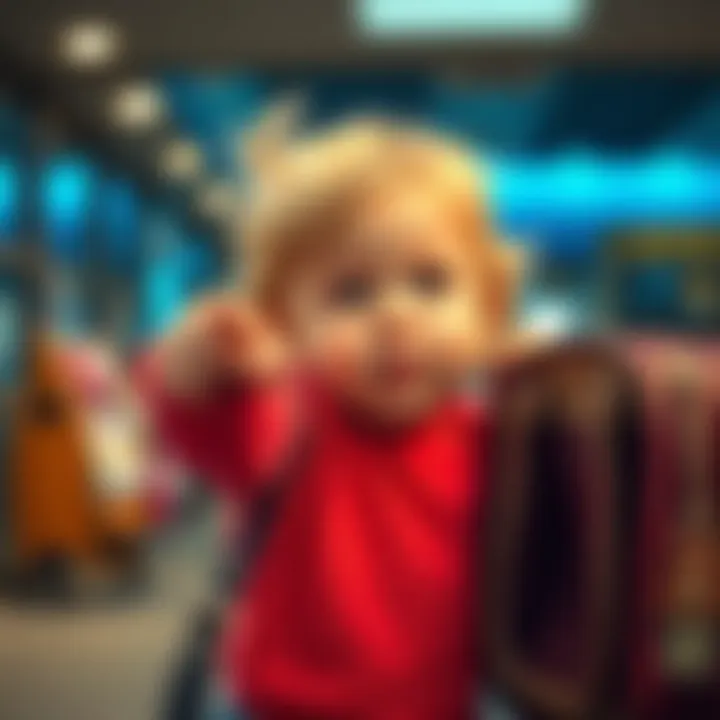 A young child excitedly pointing at a purse, imagining his mother is inside it.