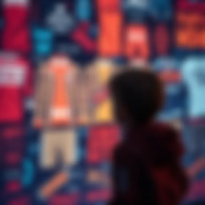 A child gazing at an AI-generated artwork displaying clothing with various texts that may confuse young viewers