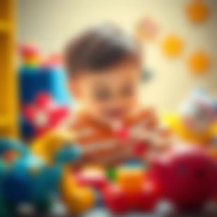 A young child joyfully playing with colorful toys, surrounded by a bright and cheerful environment.