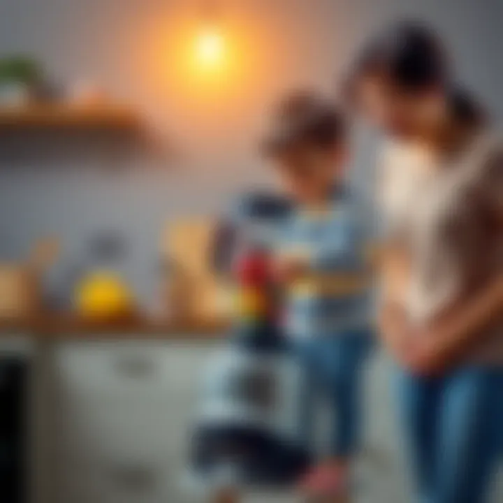 A young child standing on a stool, curiously operating a blender with colorful fruits inside, while an adult watches with a mix of concern and amusement.