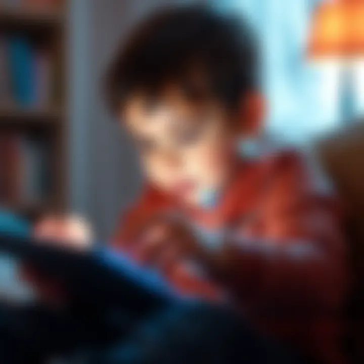 A young child interacts with a tablet while protected by a digital shield symbol, representing online safety measures for kids.